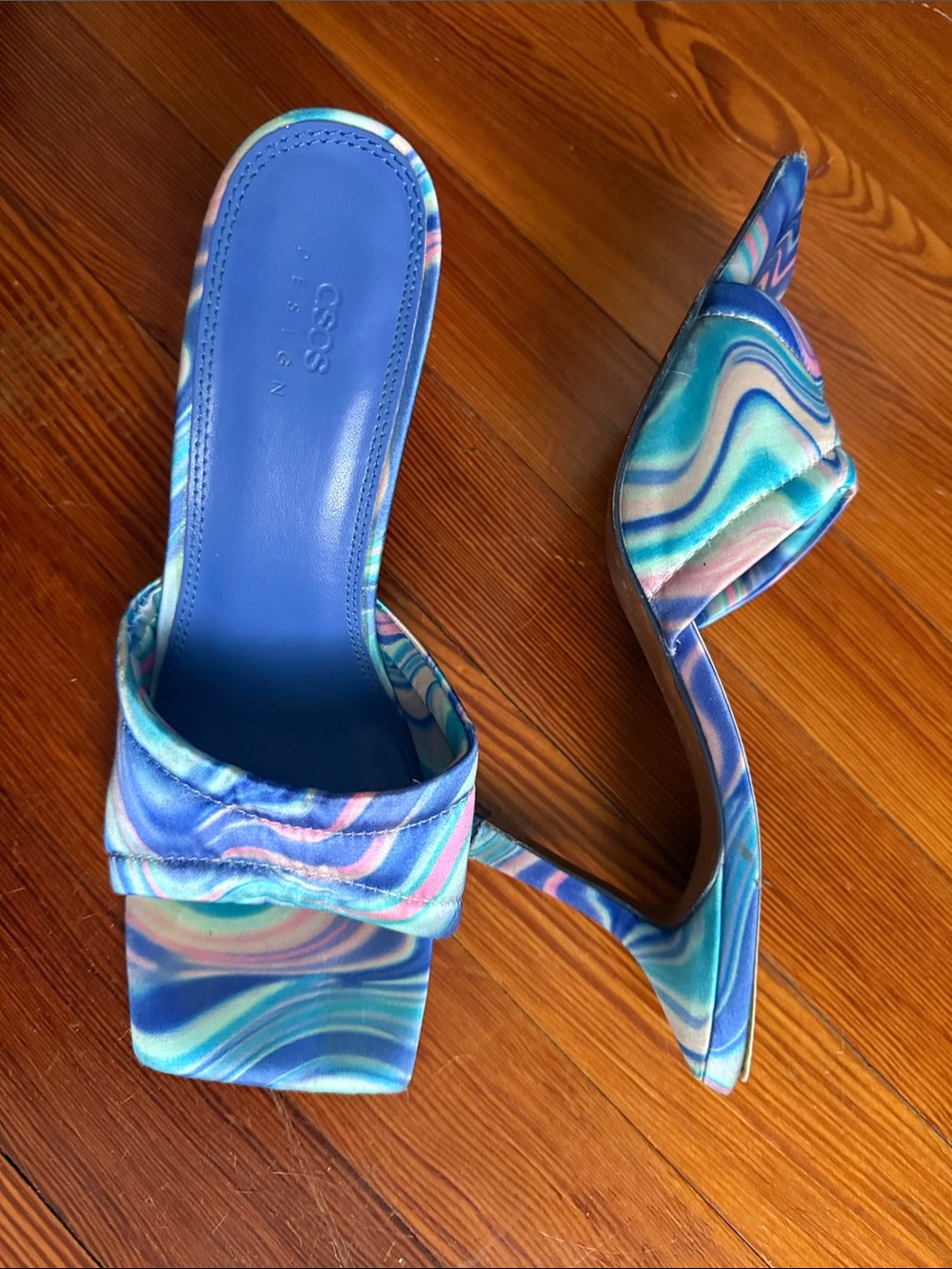 ASOS Multicolor Blue Swirl Square-Toe Slide Heels